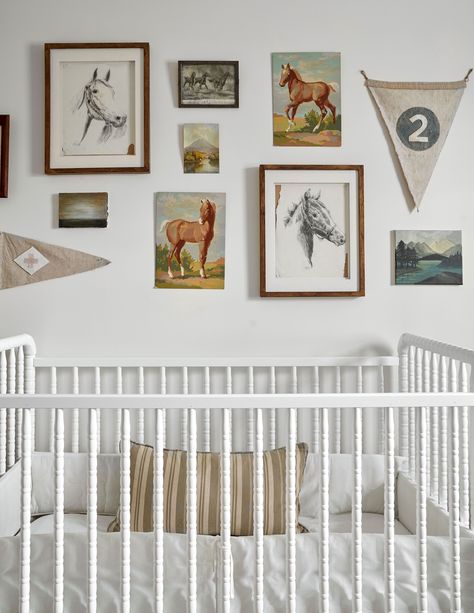 38 Modern and Timeless Gallery Wall Ideas to Copy ASAP Newborn Photo Gallery Wall, Gallery Wall Over Crib, Gallery Wall Above Crib, Nursery Photo Wall, Twin Beds For Boys, Gallery Wall Arrangement, Nursery Gallery Wall, Stairwell Wall, Neutral Wall Colors