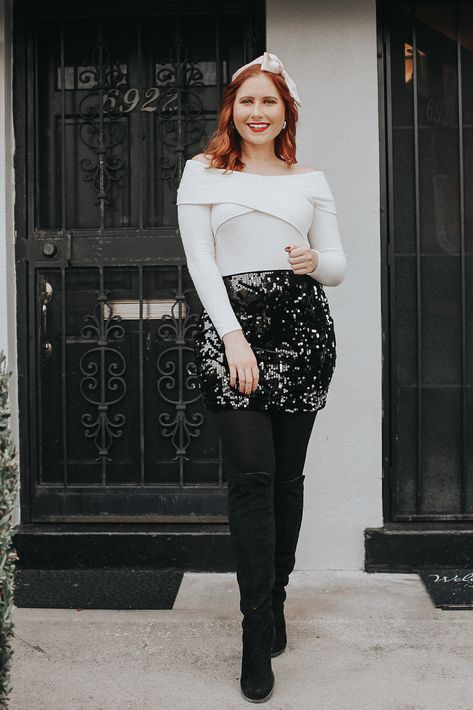 How to Style Sequins for New Year's Eve - Affordable by Amanda | Florida Style Blogger Outfit Ideas For New Year, Sequin Mini Skirt Outfit, Popular Sweaters, Ideas For New Year, Eyelash Sweater, Chunky Turtleneck Sweater, Black Faux Fur Jacket, Holiday Inspo, Sequin Mini Skirt