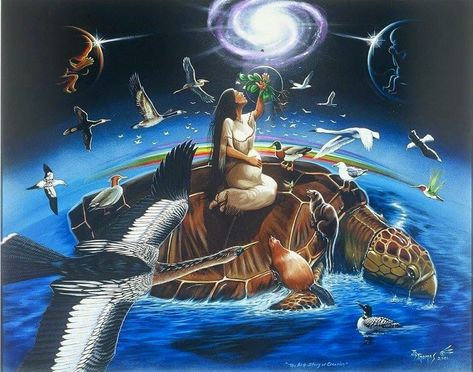 Such reverance is reflected in many Native American origin stories, such as the tale of the Sky Woman. After falling from the sky, she is saved by animals (nature) and her children go on to create the rest of the world. Sky Woman, Creation Story, A Turtle, Above The Clouds, Indigenous Art, Native Art, Native American Art, Mother Earth, Culture Art