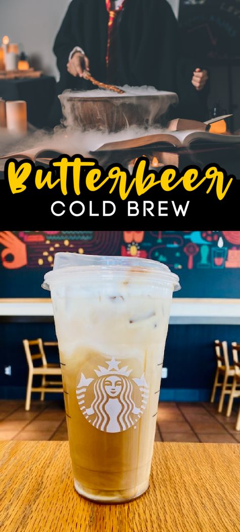 Iced Butterbeer Coffee, Butter Beer Coffee, Butterbeer Coffee Recipe, Starbucks Cold Brew Secret Recipes, Cold Brew Recipes Drinks Starbucks, Butterbeer Frappuccino Starbucks, Butter Beer Starbucks Drink, Starbucks Cold Brew Drinks To Order, Starbucks Fall Drink Orders