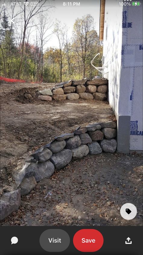 Sloped Wall, Boulder Retaining Wall, Lake Landscaping, Backyard Aesthetic, Sloped Backyard Landscaping, Backyard Ideas On A Budget, Sloped Yard, Backyard Patio Ideas, Sloped Backyard