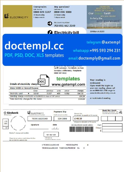 United Kingdom Electricity utility bill template in Word and PDF format – doctempl.cc Bills Template, Bill Template, Utility Bill, Wind Of Change, Help The Environment, Electricity Bill, United Kingdom, Accounting, Electricity