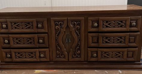 Ornate Dresser Makeover | Hometalk Gothic Dresser Diy, Ornate Furniture Makeover, Long Dresser Makeover, Chest Of Drawers Makeover Diy, 70s Furniture Makeover, Ornate Dresser Makeover, Wood Dressers Makeover, Ornate Dresser, Antique Dresser Makeover