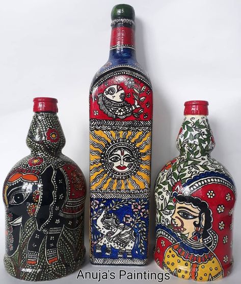 Bottle Painting Ideas, Square Bottle, Long Painting, Glass Bottles Art, Madhubani Art, Diy Bottle Crafts, Indian Folk Art, Long Square Acrylic Nails, Madhubani Painting