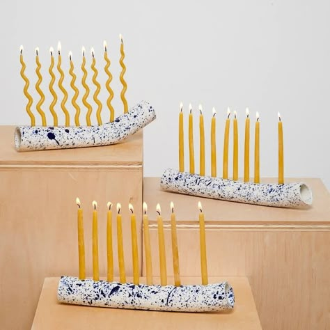 Ceramic Menorah, Glaze Patterns, Striped Candles, Hanukkah Crafts, Pottery Painting Ideas, How To Celebrate Hanukkah, Shabbat Candles, Hanukkah Candles, Seder Plate