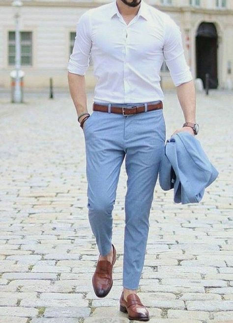 Light Blue Khaki Pants Outfit Men, Pink Shirt Matching Pants Men, White And Blue Mens Outfit, Light Blue Pants Men Outfits, Men’s Light Blue Pants Outfit, White Shirt Blue Pants Men Formal, Men Light Blue Pants Outfit, Light Blue Pants Outfit, Blue Pants Outfit Men