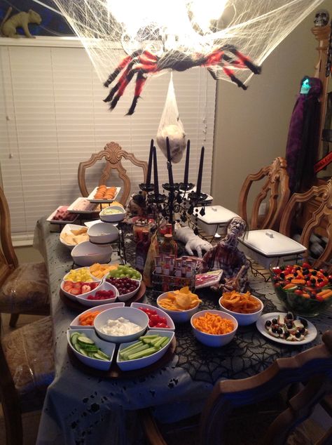 Table setup for our halloween party this year! Lights on version! Halloween Party Table Setup, Halloween Party Table, Halloween House Party, Halloween Time, Table Setup, Kids Halloween, Halloween Party Decor, Halloween House, Party Table