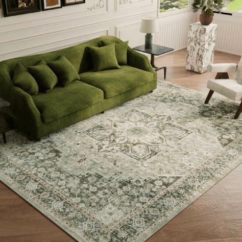 9×12 Machine Washable Rug for Living Room, Boho Vintage 9×12 Area Rug，Distressed Accent Low Pile Ultra Soft Large Carpet for Bedroom Bathroom Dining Room, Floral/Green -  #Accent #Area #Bathroom #Bedroom #Boho #Carpet #Dining #FloralGreen #Large #Living #Machine #Pile #Room #Rug #RugDistressed #Soft #Ultra #vintage #Washable Accent Green Rug, Earthy Rugs Living Rooms, Rugs For Green Walls, Green Rug Living Room Ideas, Rug For Green Couch, Organic Modern Rugs, Apartment Living Room Rug, Layered Rugs Bedroom, Green Apartment Decor