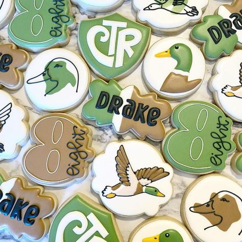 Mallard Duck Cookies Decorated, One Lucky Duck Birthday Party Cookies, Duck Hunting Cookies Decorated, Mallard Duck 1st Birthday, Mallard Duck Baby Shower Cookies, Duck Hunting Cookies, Mallard Duck Cookies, Duck Hunting Theme Baby Shower Ideas, One Lucky Duck Cookies