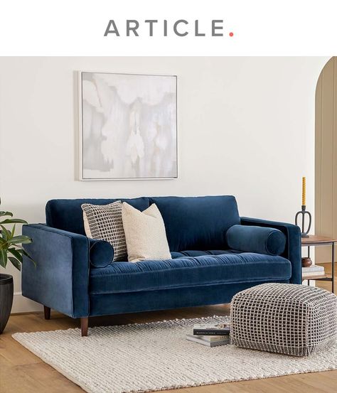 Brush crush. This blue velvet loveseat is what fantasy apartments are made of. The Sven in cascadia blue velvet is built on a corner-blocked solid wood frame and features loose bolsters and back cushions, making this little stunner easy to clean. Tuck it into a nook or make it the main event of your space. It's destined to be a star. Blue Velvet Loveseat, Sofa Article, Tufted Velvet Sofa, Sven Sofa, Blue Velvet Couch, Velvet Sofa Living Room, Lavender House, Velvet Tufted Sofa, Contemporary Sofas