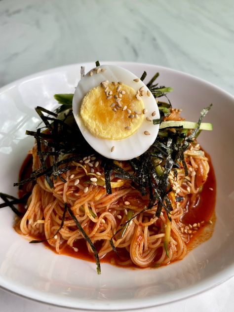 Angel Hair Gochujang Bibim Guksu | Guksu Recipe, Bibim Guksu, Angel Hair Pasta Recipes, Gochujang Sauce, Cold Noodles, Angel Hair Pasta, Pasta Dinner Recipes, Angel Hair, Noodle Dishes