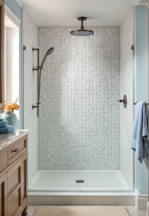 Coastal Bathroom Shower Ideas Beachy Shower Tile Ideas, Sea Glass Tile Bathroom, Coastal Shower Tile, Coastal Shower Ideas, Coastal Shower Tile Ideas, Standing Shower Ideas, Beachy Bathrooms, Bathroom Shower Ideas, Standing Shower