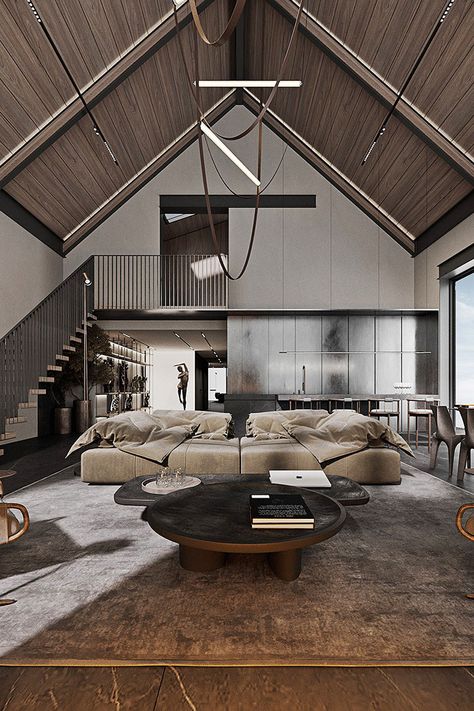 Nobel.la - Interior Design Projects - DAVIES WAY - Official site Double Beams Ceiling, Beams Ceiling, Modern Wooden House, Triangle House, Mountain Modern, Wooden House, Interior Projects, Interior Design Studio, Interior Design Projects