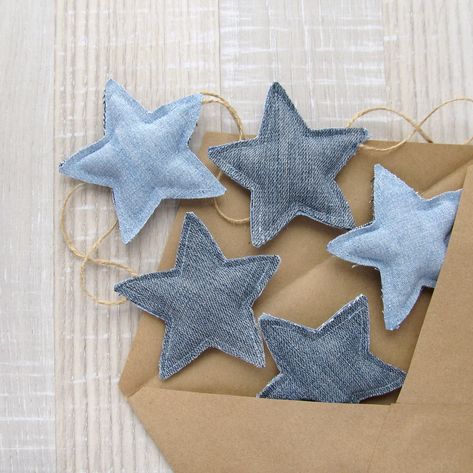 Denim Stars Christmas Ornaments Boho Home Decor Jeans | Etsy Denim Christmas Tree Ornaments, Denim Ornaments Old Jeans, Upcycling Christmas Ornaments, Sewn Christmas Gifts, Denim Decorations, Diy Jeans Upcycle, Denim Recycle Projects, Jean Crafts Ideas, Diy Fabric Christmas Ornaments