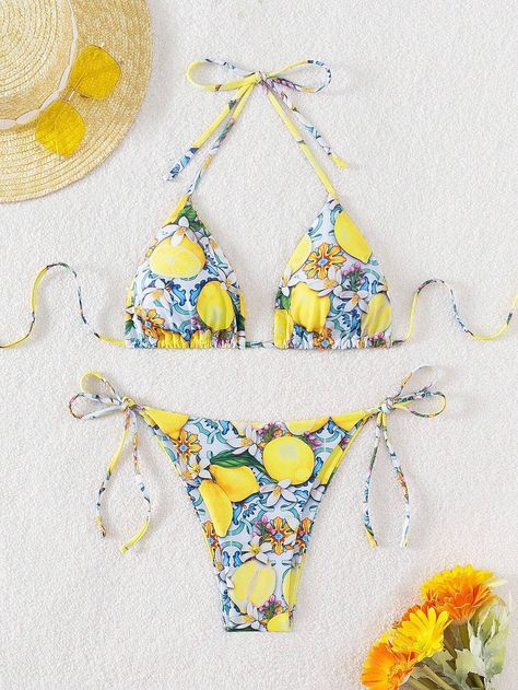 Ladies' Lemon Printed Halter Neck Tie Swimsuit Set | SHEIN USA Lemon Swimsuit, Tie Swimsuit, Swim Summer, Lemon Print, Idea Board, Swimsuit Set, Halter Neck, Summer Beach, Neck Tie