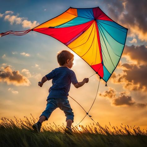 a big colorful kite with a long beautiful tail soars in the sky. little boy holding a kite rope. - AI Generated Artwork - NightCafe Creator Kite Aesthetic Photography, Kite In Sky, Kite Playing Drawing, Kite Flying Painting, Kite Flying Photography India, Go Fly A Kite, Boys Playing, Free Fun, Online Painting