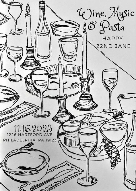 Hand-Drawn Black & White, Whimsical Sketch - Birthday / Dinner Party Invitation Digital Download Vintage Party Invitations, Dinner Party Drawing, French Dinner Party, French Dinner Parties, Hand Drawn Invitation, Original Wedding Invitations, French Dinner, Simple Save The Date, Save The Date Digital