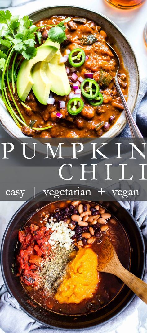 Vegan Raw Dinner, Pumpkin Chili Vegetarian Crock Pot, Veggie Pumpkin Chili, Vegetarian Pumpkin Chili Crockpot, Chili Pumpkin Recipe, Vegan Pumpkin Chili Recipe, Vegetarian Pumpkin Chili Recipe, Fall Meal Ideas Vegetarian, Vegan Pumpkin Recipes Dinner