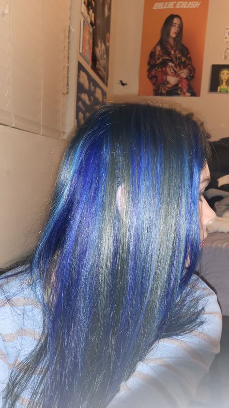 Dark Blue Chunky Highlights, Chunky Blue Highlights On Dark Hair, Blue Highlights On Dark Hair, Light Brown Hair With Blue Highlights, Dark Hair With Blue Highlights, Blue Chunky Highlights, Dark Hair With Blue, Chunky Highlights Curly Hair, Hair With Blue Highlights