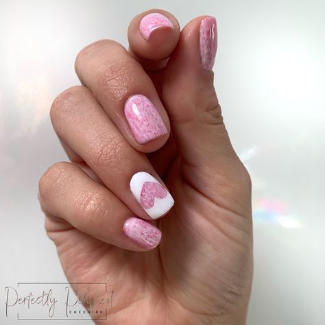 Pink cashmere effect gel polish nails with a negative space white nail polish heart. #nailinspo #pinknails #heartnails #hearts #nails #gelnails Negative Space Heart Nails, Nail Polish Heart, Pink Heart Nails, Hearts Nails, Gel Polish Nails, Polish Nails, Gel Extensions, White Nail Polish, White Nail