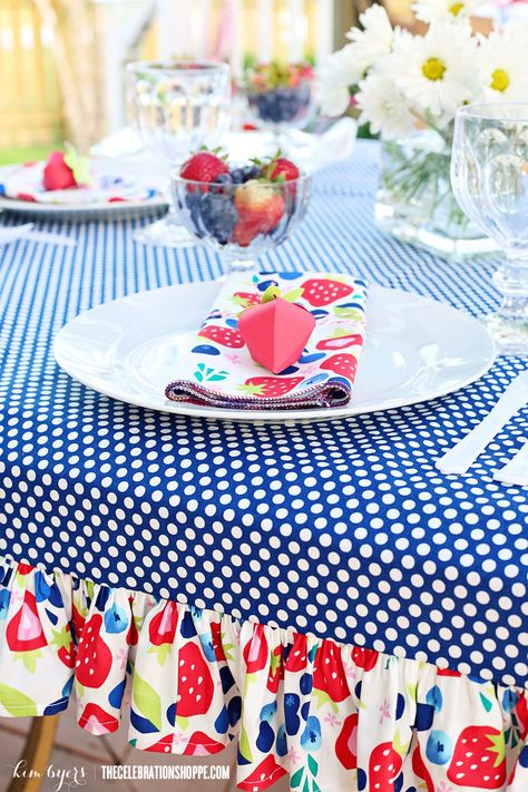 Strawberry Picnic Crafts & Ideas | Kim Byers Ruffle Tablecloth, Picnic Table Decor, Strawberry Picnic, Ruffled Tablecloth, Diy Tablecloth, Bbq Table, Creative Party Ideas, Oval Tablecloth, Patriotic Holidays