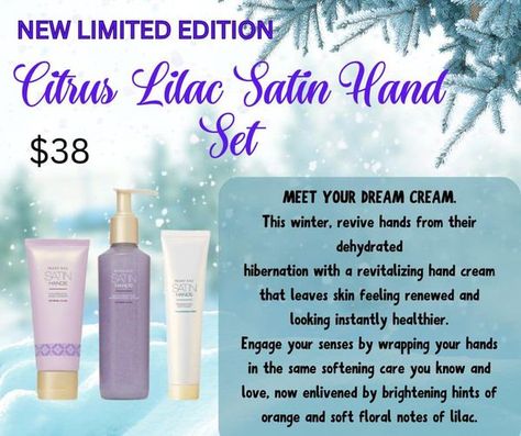 Who is ready to pre-order the New Limited Edition Citrus Lilac Satin Hands Set. This a great gift to keep on hand for the holidays 🎄 This is my go-to Hostess Gift. Personal. Lovely. Lasts a long time. Every time they use it, they think of you. Mary Kay Gift Ideas, Mary Kay Christmas, Mary Kay Holiday, Mary Kay Inspiration, Mary Kay Gifts, After Christmas Sales, Mary Kay Marketing, Mary Kay Products, Dream Cream