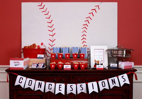 Pin for Later: A Grand Slam of a Seventh Birthday Bash Concession Stand The baseball theme provided Deanna with great dinner inspiration. She served hot dogs and soft pretzels as the main dish. Sports Backdrop, Baseball Theme Party, Toddler Birthday Party, Baseball Birthday Party, Rookie Of The Year, Baseball Party, Seamless Backdrop, Baseball Theme, Baseball Birthday