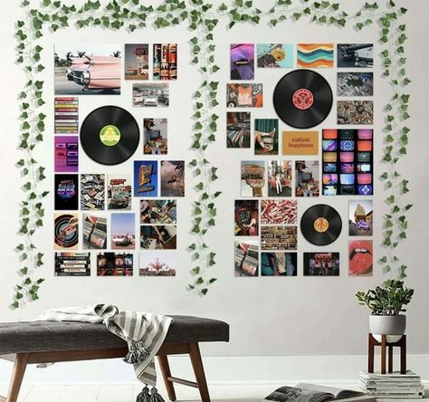 Amazing retro pictures for hanging! Buy it now in the link below and you won’t regret!! #diy #retrochic #retro #bedroom #style 80s Room Ideas, Sala Grunge, Record Aesthetic, Record Wall Decor, Retro Room Decor, 80s Bedroom Aesthetic, Photowall Ideas, 80s Room, 80s Bedroom