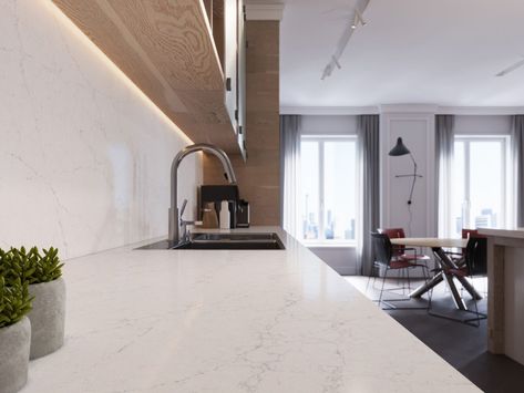 5140 Dreamy Carrara Quartz Countertop | Caesarstone US Carrara Kitchen, Caesarstone Kitchen, Caesarstone Quartz, Carrara Quartz, Countertop Colours, Countertop Surfaces, Color Catalog, Quartz Surfacing, Stone Bench