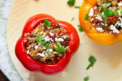 Gyro Stuffed Peppers with Quinoa & Feta by foodiebride, via Flickr Taco Peppers, Stuffed Peppers With Quinoa, Couscous Stuffed Peppers, Mexican Stuffed Peppers, Foodgawker Recipes, Stuffed Peppers Healthy, Greek Seasoning, Feta Recipes, Greek Flavors