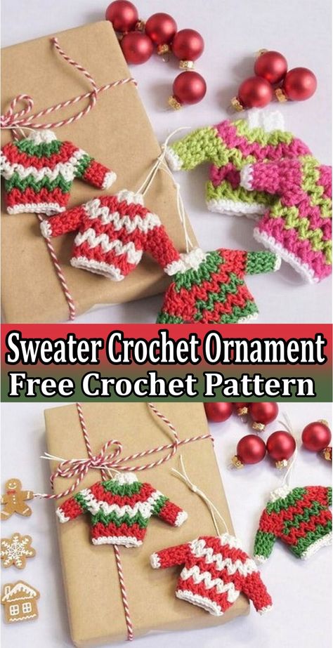 Crocheting a single gift can take a few hours to a few days, depending on the complexity of the design. Securely attaching keychains to your crochet items by sewing them tightly using a strong yarn needle. To maintain the quality and appearance of your crochet gifts, hand-wash them gently in cold water and lay them flat to dry. Popular designs for crochet Christmas gifts include cozy scarves, festive stockings, and charming ornaments like tiny sweaters, trees, and Santa decorations. Enjoy the pr Crochet Christmas Pins Patterns, Flat Crochet Ornaments, Crochet Sweater Keychain, Tiny Crochet Christmas Ornaments, Crochet Sweater Ornaments Free Pattern, Crochet Christmas Gift Tags Free Pattern, Crochet Christmas Motifs, Crochet Mini Christmas Ornaments Free Pattern, Crochet Christmas Sweater Ornament