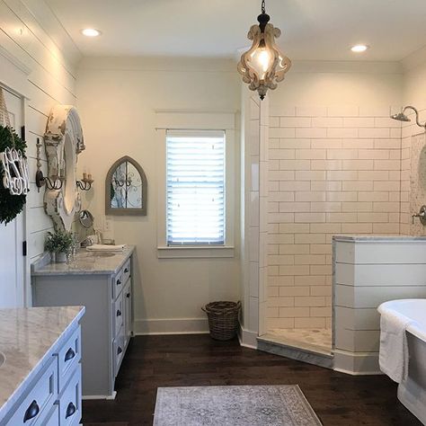 After a little shopping, baking,the hubs working on the brick on our fireplace mantel (see my stories) and a fun evening with friends this is my favorite place to be for a little R&R. Good night  And sleep tight my friends.  . . . . #stuckeybuilthome #farmhouse #farmhousebathroom #shiplap #subwaytile #pier1love #myafh #bhghome #mybhg #mysouthernliving #sundaysimplicity #farmhousestyle #cottagestyle #countrylivingmag #marbleshower #mycountryhome #myfavpicfriday #gardenandgun #hgtv #the... Primitive Bathrooms, Master Bath Remodel, Corner Shower, Bathroom Redo, Dream Bathrooms, The Brick, Bathroom Renos, Fireplace Mantel, Bathroom Remodel Master