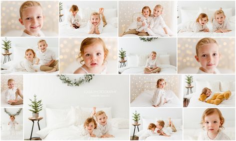 White Christmas Mini Sessions, White Christmas Photo Shoot, Christmas Studio Photography Setup, Mini Christmas Sessions, Fairy Lights White, Christmas Shooting, Christmas Mini Shoot, Bed Setup, Christmas Photography Family