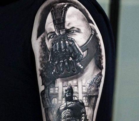 Bane tattoo by Angelique Grimm | Post 21387 Bane Tattoo, Bane Tom Hardy, Sport Tattoos, Russian Tattoo, Batman Tattoo, Devil Tattoo, Movie Tattoos, Marvel Tattoos, Dark Knight Rises