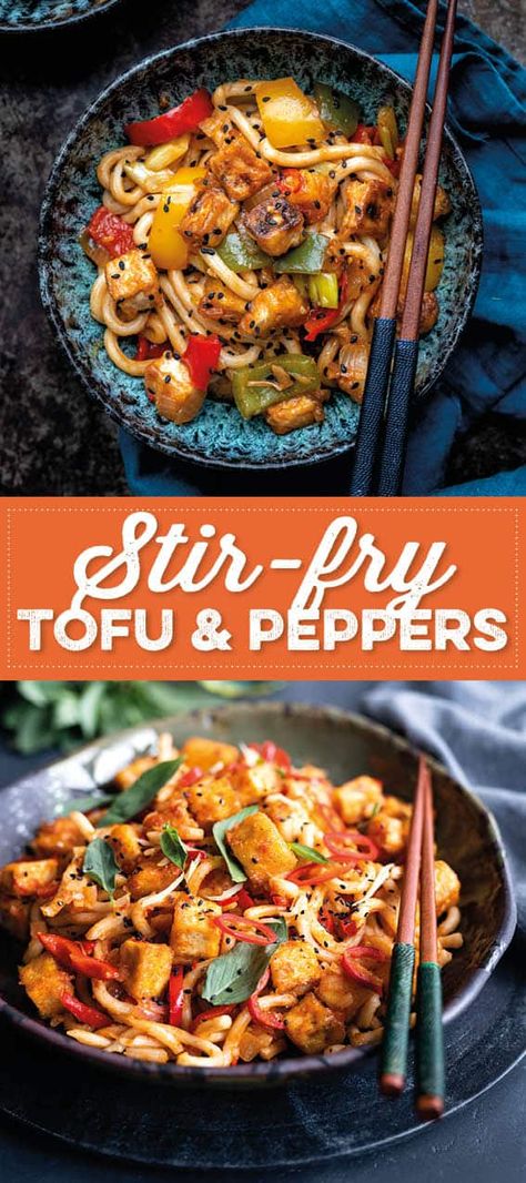 This delicious stir-fry tofu with peppers and udon noodles in a tomato and garlic sauce is ready in minutes! A great vegetarian midweek meal #stirfryrecipes #tofu #tofurecipes #chinesefood #vegetarian #quickmeal #supergoldenbakes Vegetarian Udon Noodles, Fry Tofu, Asian Tofu, Udon Noodles Recipe, Vegetarian Asian, Amazing Vegetarian Recipes, Vegetarian Stir Fry, Healthy Vegetarian Dinner, Vegan Asian