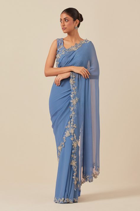 Shop for these amazing collections of Blue Chanderi Embroidery Cutdana Round Floral Cutwork Border Saree With Blouse For Women by Ikshita Choudhary online at Aza Fashions. Cinderella Fashion, Floral Cutwork, Sleeveless Blouse Designs, Saree Style, Padded Blouse, Border Saree, Blue Saree, Beaded Neckline, Elegant Saree