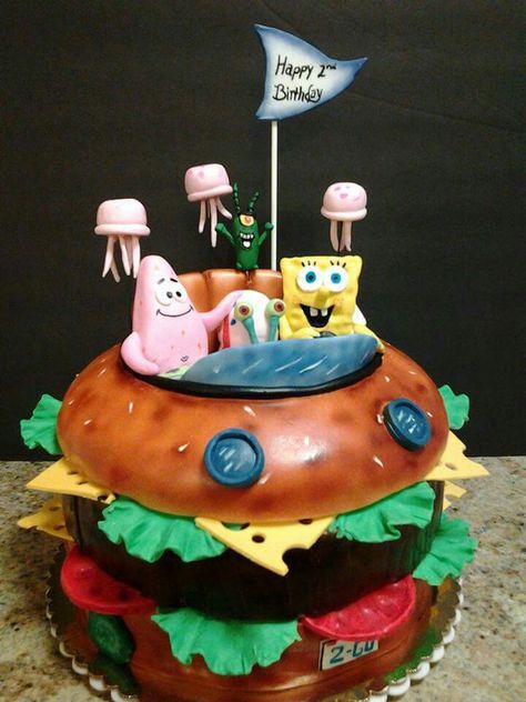 Spongebob Krabby Patty cake https://www.facebook.com/roartasticdesserts/ Krabby Patty Cake, Spongebob Krabby Patty, Crabby Patties, Peanuts Party, Spongebob Cake, Patty Cake, Krabby Patty, Spongebob Birthday Party, Spongebob Party