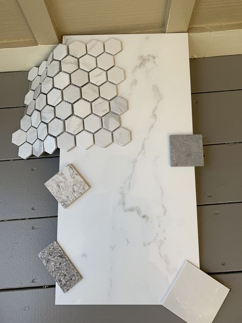 Glazed Porcelain Tile Floors, Honeycomb Shower Floor, Hexagon Tile Backsplash Bathroom, Sw Iceberg, Porcelain Tile Shower Walls, Large White Tile Shower Ideas, Hexagon Tile Bathroom Shower Wall, Carrara Tile Bathroom, Hexagon Shower Floor