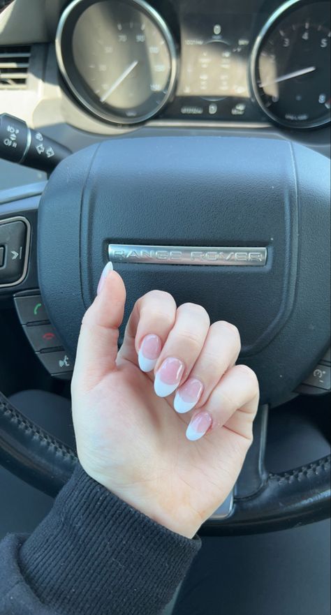 Preppy White Nails, White Tip Almond Nails, Almond Shaped French Tip Nails, White French Tip Nails Almond, Short Almond Nails French Tip, French Manicure Almond Nails, Nail Ideas Almond, Almond French Tips, Almond Nails French Tip