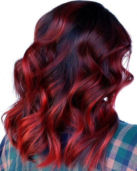 Red Balayage Highlights for Black Hair Dark Black Hair, Vibrant Red Hair, Red Balayage Hair, Long Hair Highlights, Shades Of Red Hair, Red Balayage, Plum Hair, Black Hair Balayage, Dark Brunette Hair