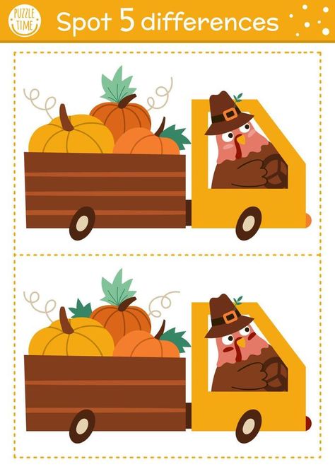 Thanksgiving Educational Activities, Cartoon Puzzle, Thanksgiving Cartoon, Car Activities, Area Activities, Autumn Holiday, Pumpkin Printable, Puzzle For Kids, Game For Children