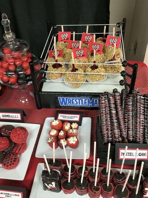 Leilani's WWE birthday party  | CatchMyParty.com Wrestling Birthday Cakes, Boxing Theme Party Ideas, Wwe Birthday Party Ideas, Wrestling Birthday Parties, Cheesecake Strawberries, Wrestling Birthday, Wrestling Party, Wwe Birthday Party, Wwe Party