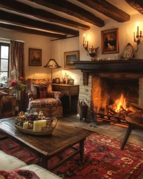 Colonial Cottage Living Room, Old English Decor Interior Design, English Cottage Interiors Cozy, Cottage Interiors Cozy, English Farmhouse Interiors, Scottish Cottage Interior, English Cottage Interiors, Cottage Fireplace, Living Room Farmhouse