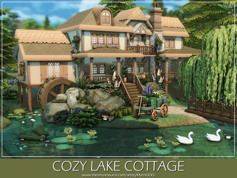 MychQQQ's Cozy Lake Cottage Sims 4 Cc Cottage House, Sims Lake House, Lake House Sims 4, Sims 4 Lake House, Farmhouse Blueprints, Kitchen With Dining Area, Sims 4 Cottage, The Sims 4 Lots, Summer Beach House