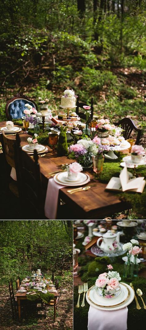 Bridal Party Table Decorations, Forest Wedding Reception, Bridal Party Tables, Deco Champetre, Forest Party, Wedding Reception Ideas, Mad Hatter Party, Tafel Decor, Bridal Shower Tables