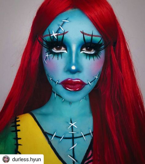 sfxmakeup fx facepaint on Instagram: “❌Not my makeup ❌  Amazing sally form nightmare before CHRISTMAS ! SO talented ❤️ #Repost @durless.hyun • • • • • 💀🌹¿Cuando sabra lo que…” Sally Face Painting, Horror Smink, Sally Makeup, Disfarces Halloween, Paint Halloween, Themed Costumes, Halloweenský Makeup, Halloween Make-up Looks, Holloween Makeup