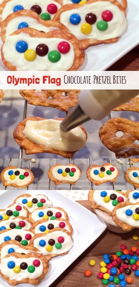 Olympic Appetizers, Pretzels Bites, Olympic Party Food, Olympic Snacks, Pretzel Chocolate Bites, Olympic Food, Office Olympics, Galaxy Desserts, Olympics Party