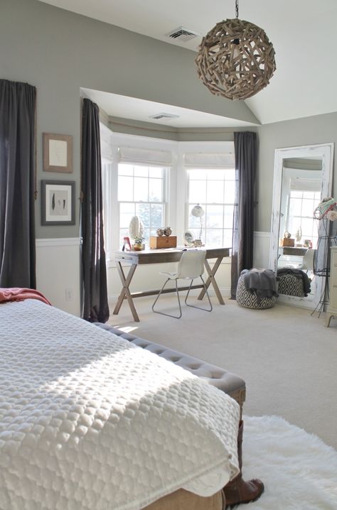 City Farmhouse-Rustic Chic Master Bedroom With Grays- Valspar Beach on walls Bay Window Bedroom, Bay Window Design, Country Cottage Bedroom, Rustic Farmhouse Bedroom, Bedroom Desk, Cottage Bedroom, Shabby Chic Bedroom, Teenage Bedroom, Trendy Bedroom