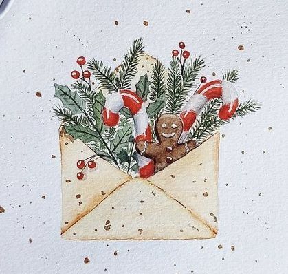 Christmas Sketch, Painted Christmas Cards, Christmas Card Art, Watercolor Christmas Cards, Watercolor Flower Art, Christmas Canvas, Christmas Drawing, Christmas Postcard, Christmas Paintings