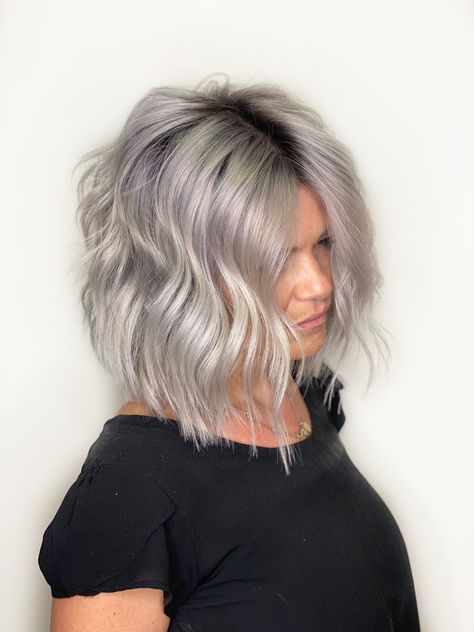 Grey Hair With Root Smudge, Grey Hair Root Smudge, Full Bleach Out With Shadow Root, Shadow Root On Platinum Hair, Platinum Bob With Shadow Root, Grey Hair With Shadow Root, Platinum Hair Shadow Root, Platinum With Shadow Root, Platinum Hair With Shadow Root